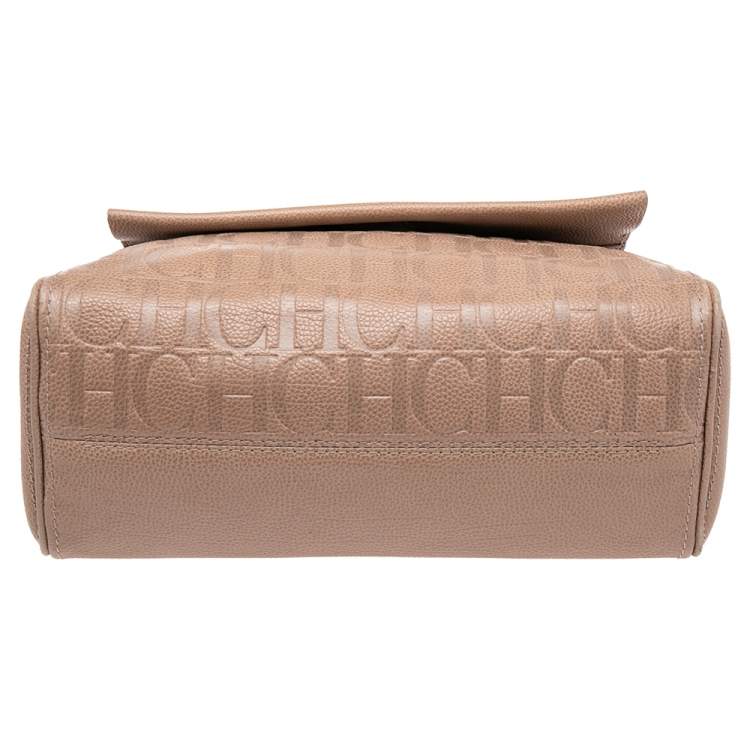 Pre Owned CH Carolina Herrera Beige Monogram Embossed Leather Minuetto Top Handle Bag