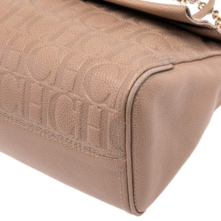 Pre Owned CH Carolina Herrera Beige Monogram Embossed Leather Minuetto Top Handle Bag
