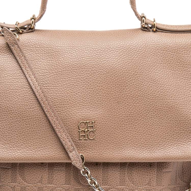 Pre Owned CH Carolina Herrera Beige Monogram Embossed Leather Minuetto Top Handle Bag