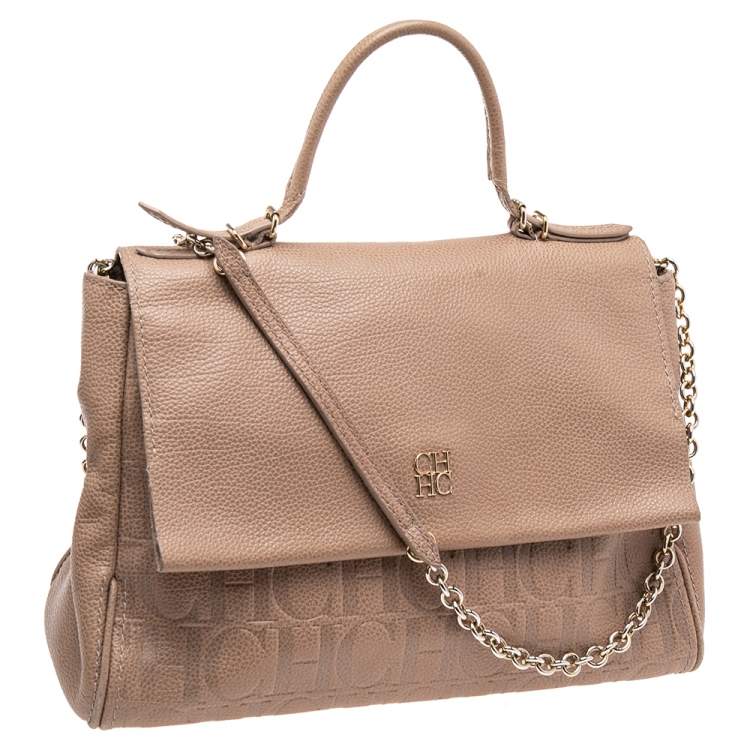 Pre Owned CH Carolina Herrera Beige Monogram Embossed Leather Minuetto Top Handle Bag