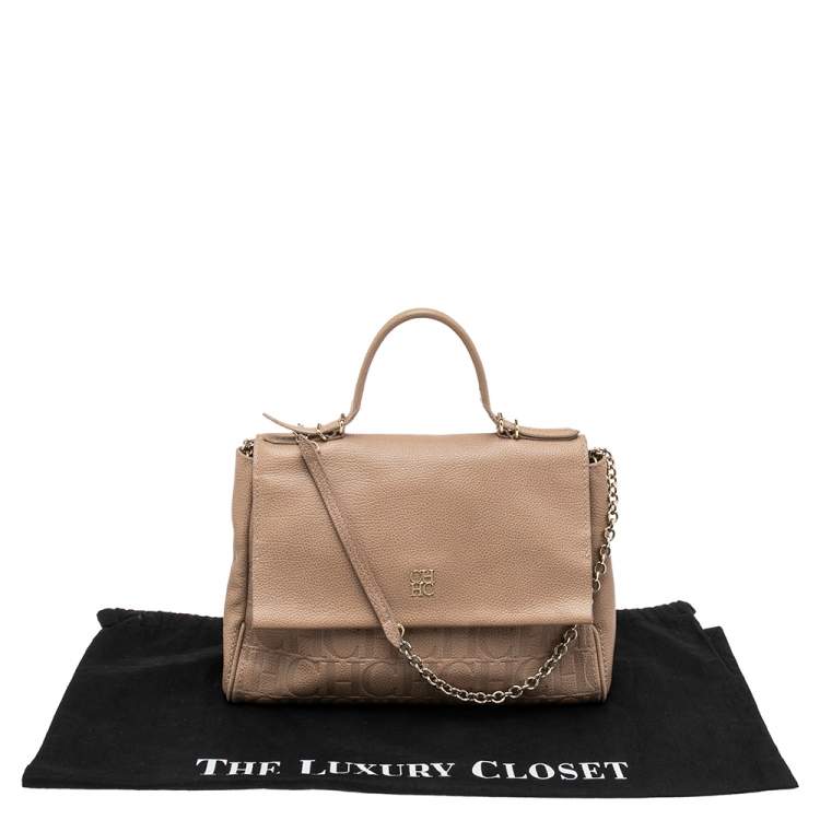 Pre Owned CH Carolina Herrera Beige Monogram Embossed Leather Minuetto Top Handle Bag