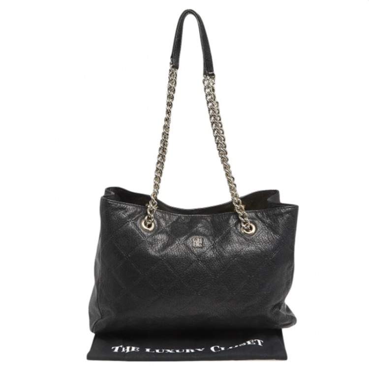 مملوكة مسبقًا CH Carolina Herrera Black Quilt Pattern Leather Chain Shopper Tote