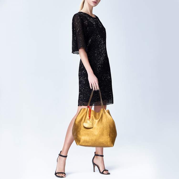 Pre Owned CH Carolina Herrera Gold Monogram Leather Matryoshka Tote