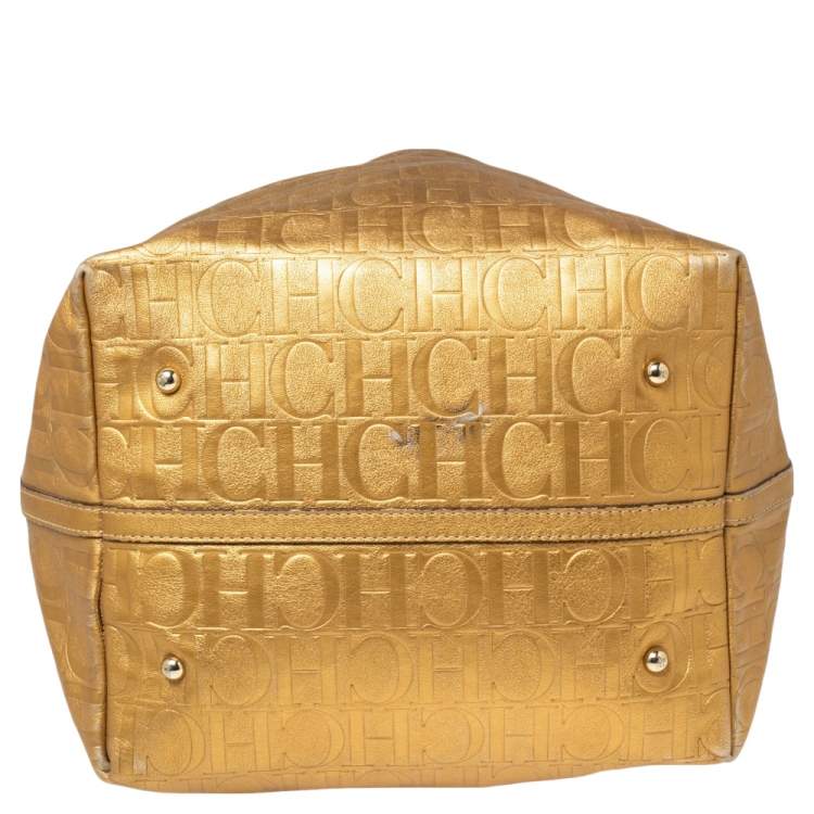 Pre Owned CH Carolina Herrera Gold Monogram Leather Matryoshka Tote