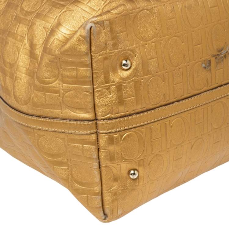 Pre Owned CH Carolina Herrera Gold Monogram Leather Matryoshka Tote