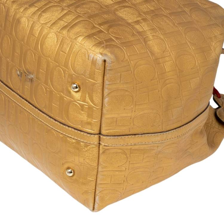 Pre Owned CH Carolina Herrera Gold Monogram Leather Matryoshka Tote