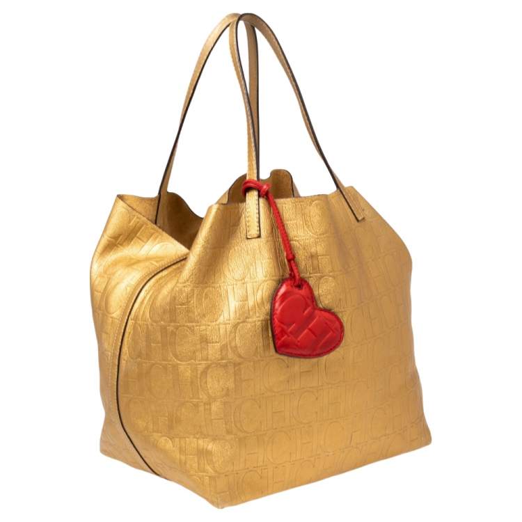Pre Owned CH Carolina Herrera Gold Monogram Leather Matryoshka Tote