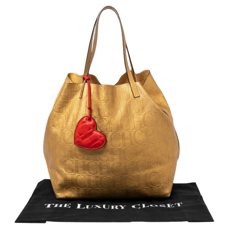 Pre Owned CH Carolina Herrera Gold Monogram Leather Matryoshka Tote