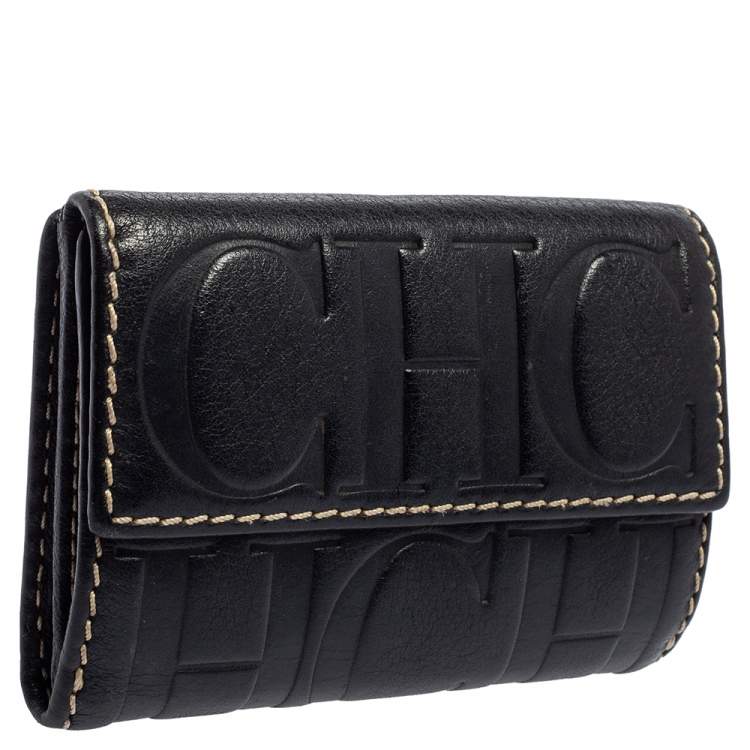 Pre Owned Carolina Herrera Navy Blue Monogram Leather Flap Compact Wallet