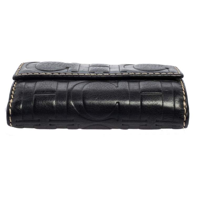 Pre Owned Carolina Herrera Navy Blue Monogram Leather Flap Compact Wallet