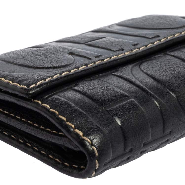 Pre Owned Carolina Herrera Navy Blue Monogram Leather Flap Compact Wallet