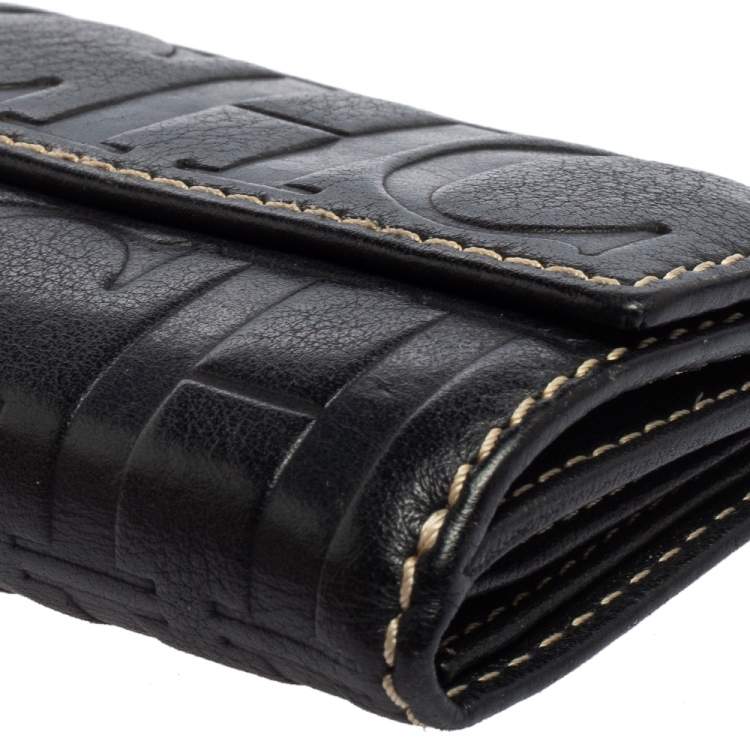 Pre Owned Carolina Herrera Navy Blue Monogram Leather Flap Compact Wallet
