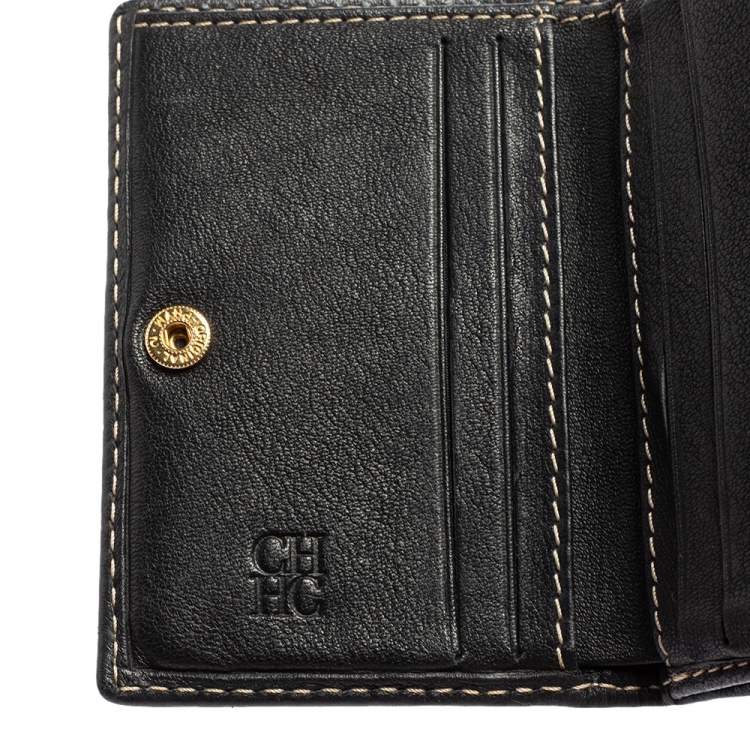 Pre Owned Carolina Herrera Navy Blue Monogram Leather Flap Compact Wallet