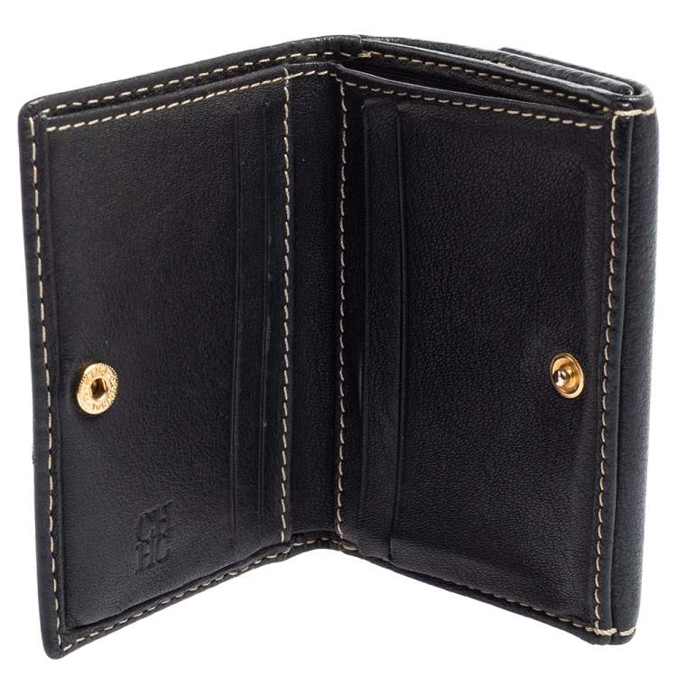 Pre Owned Carolina Herrera Navy Blue Monogram Leather Flap Compact Wallet