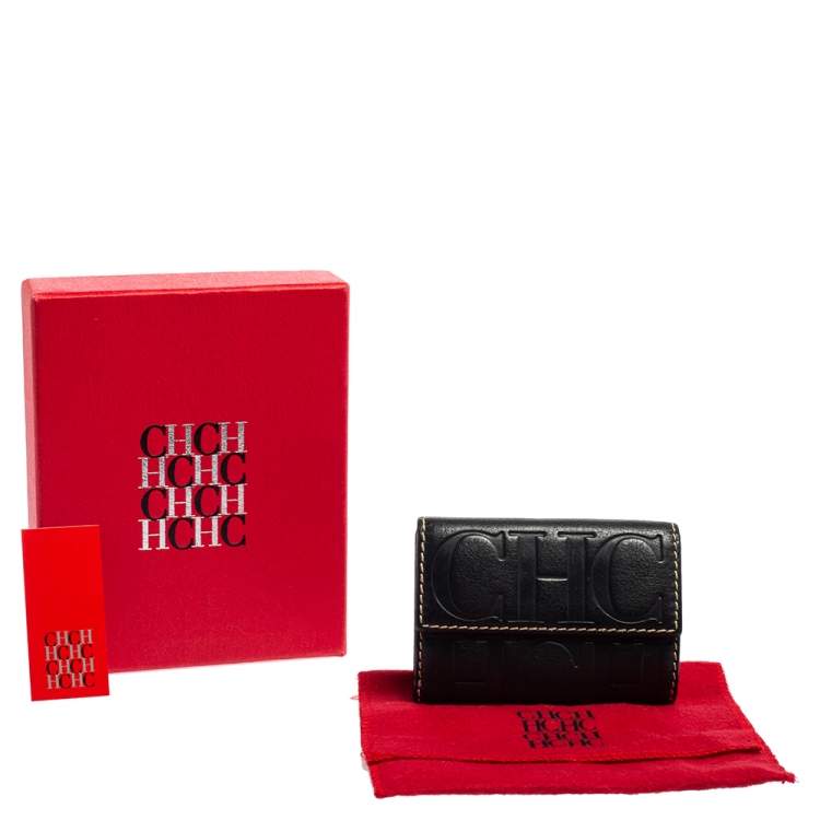 Pre Owned Carolina Herrera Navy Blue Monogram Leather Flap Compact Wallet