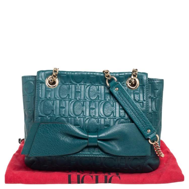 Pre Owned CH Carolina Herrera Green Monogram Leather Audrey Shoulder Bag