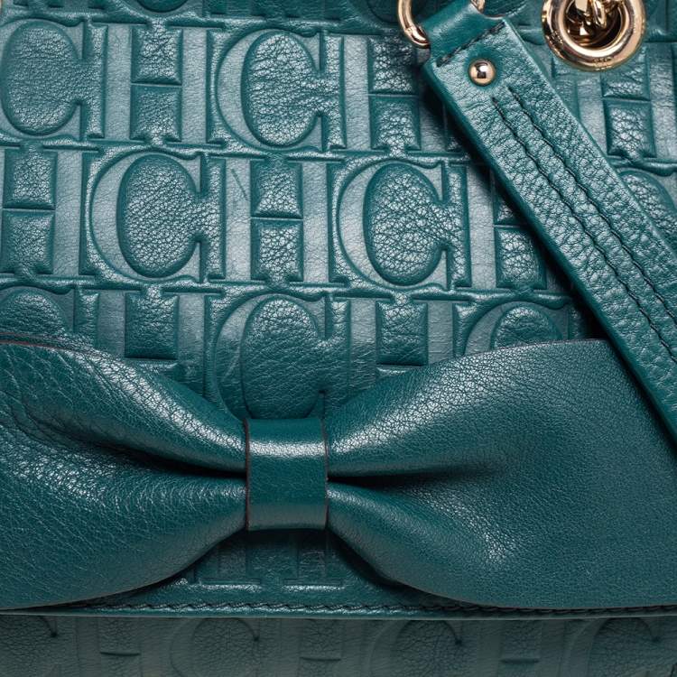 Pre Owned CH Carolina Herrera Green Monogram Leather Audrey Shoulder Bag