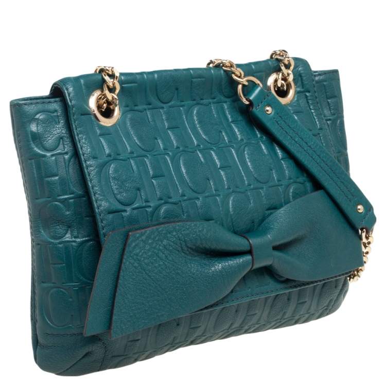 Pre Owned CH Carolina Herrera Green Monogram Leather Audrey Shoulder Bag