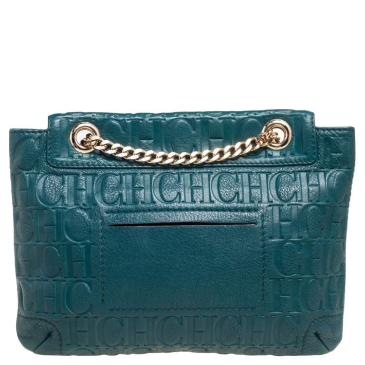 Pre Owned CH Carolina Herrera Green Monogram Leather Audrey Shoulder Bag