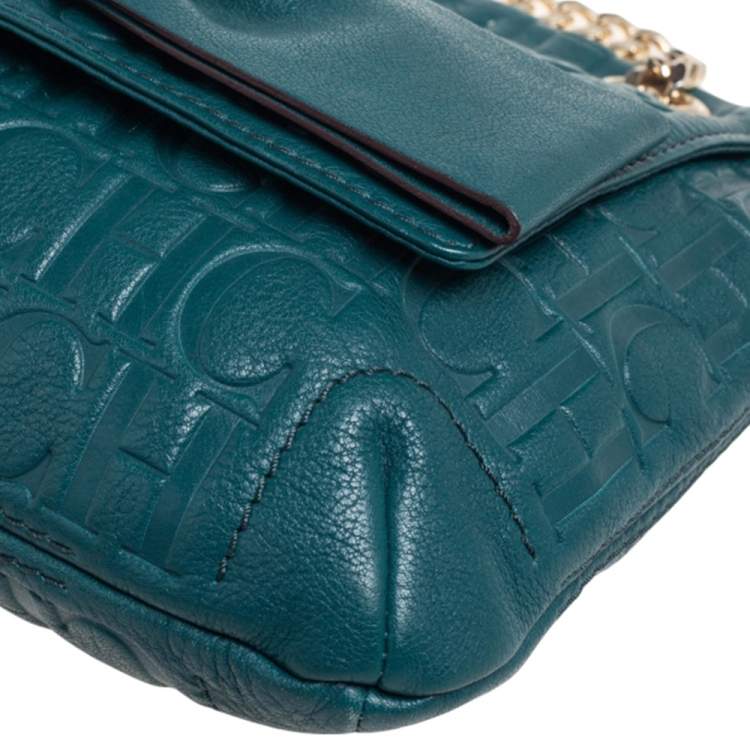 Pre Owned CH Carolina Herrera Green Monogram Leather Audrey Shoulder Bag