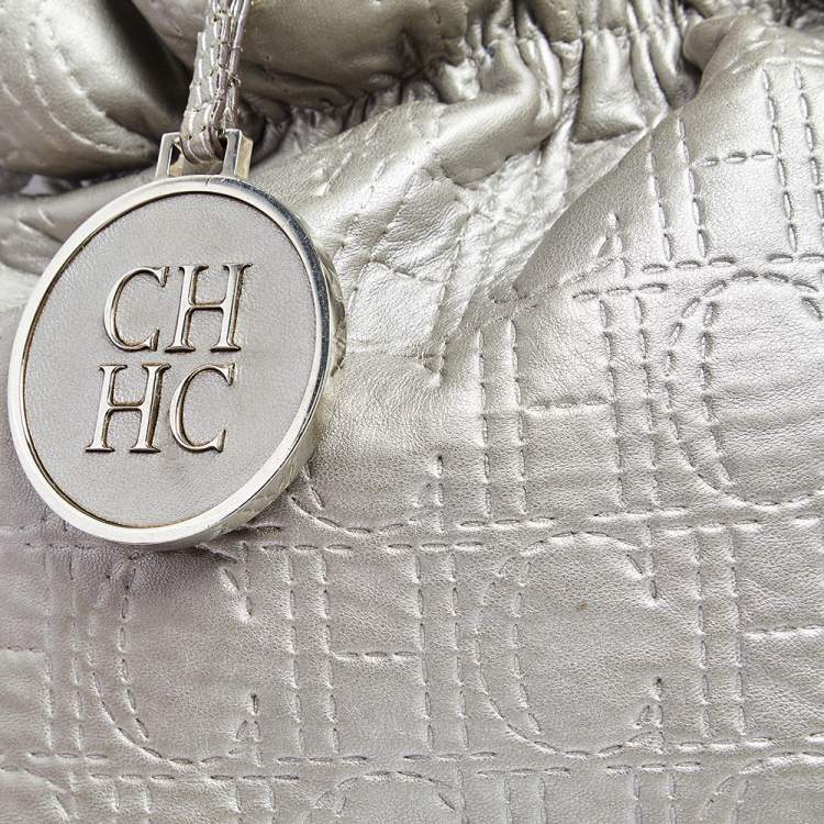 Pre Owned Carolina Herrera Metallic Grey Monogram Leather Bucket Bag