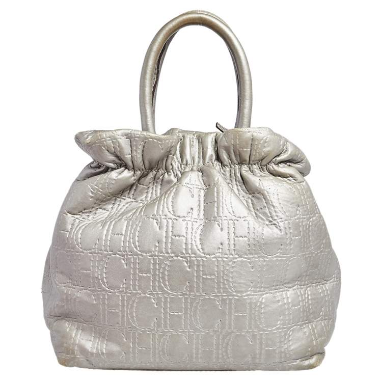 Pre Owned Carolina Herrera Metallic Grey Monogram Leather Bucket Bag