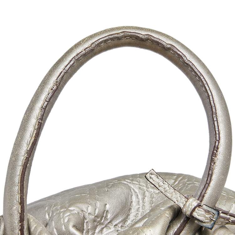 Pre Owned Carolina Herrera Metallic Grey Monogram Leather Bucket Bag