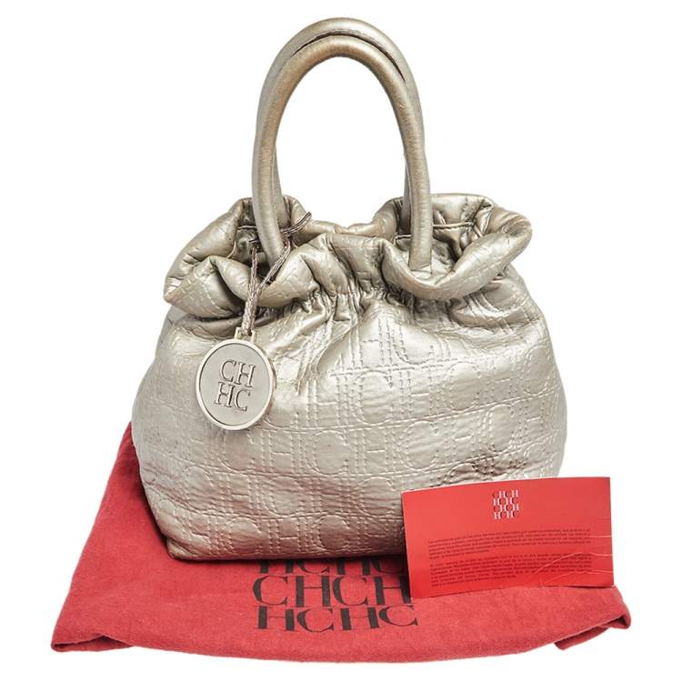 Pre Owned Carolina Herrera Metallic Grey Monogram Leather Bucket Bag