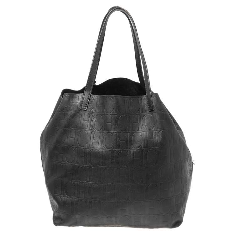 Pre Owned CH Carolina Herrera Black Monogram Embossed Leather Shopper Tote