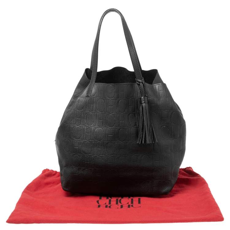 Pre Owned CH Carolina Herrera Black Monogram Embossed Leather Shopper Tote