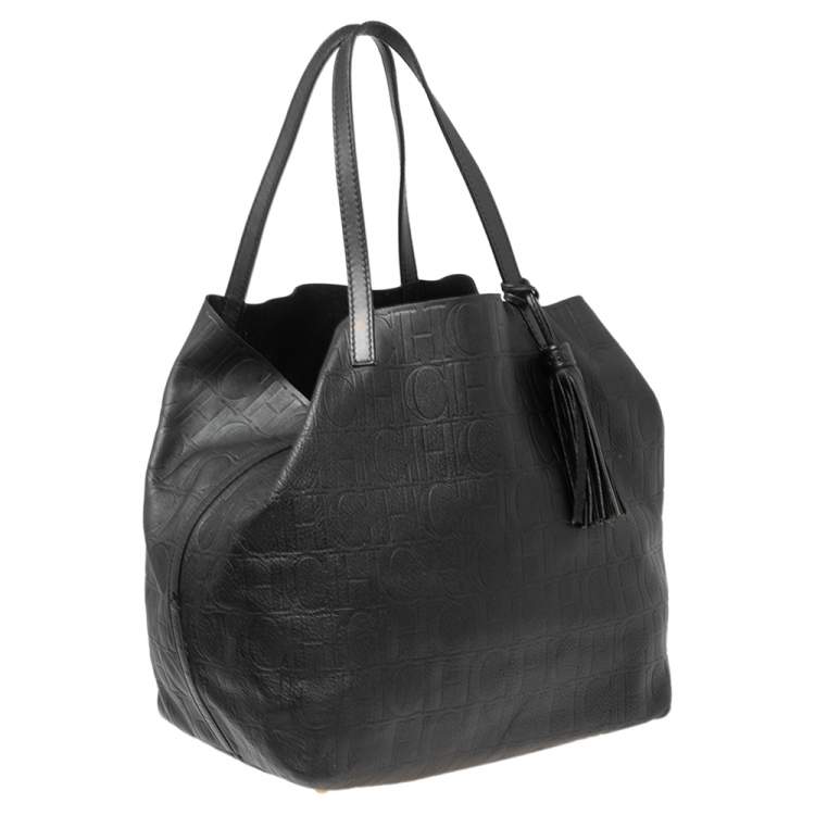 Pre Owned CH Carolina Herrera Black Monogram Embossed Leather Shopper Tote