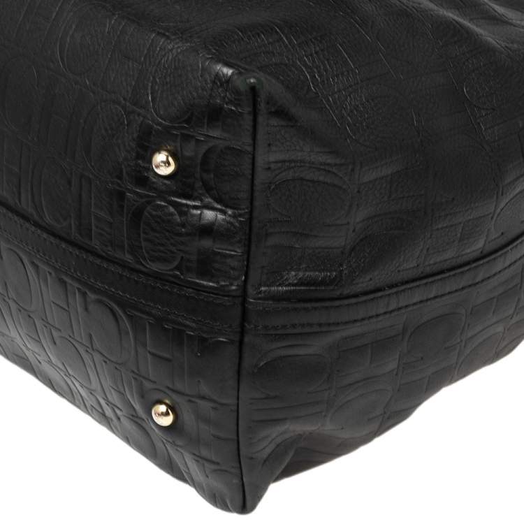 Pre Owned CH Carolina Herrera Black Monogram Embossed Leather Shopper Tote