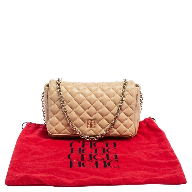 Pre Owned CH Carolina Herrera Beige Quilted Leather Flap Chain Shoulder Bag