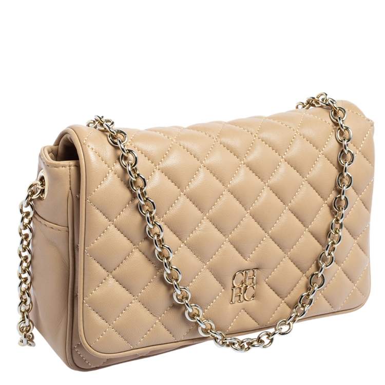 Pre Owned CH Carolina Herrera Beige Quilted Leather Flap Chain Shoulder Bag