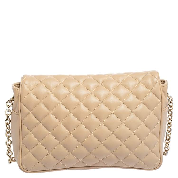 Pre Owned CH Carolina Herrera Beige Quilted Leather Flap Chain Shoulder Bag