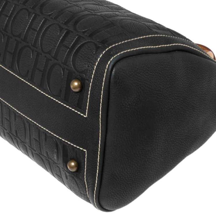 Pre Owned CH Carolina Herrera Black Embossed Leather Andy Boston Bag