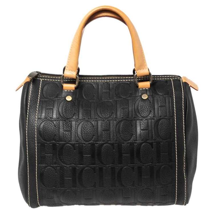 Pre Owned CH Carolina Herrera Black Embossed Leather Andy Boston Bag