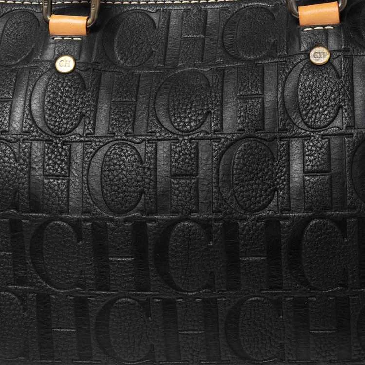 Pre Owned CH Carolina Herrera Black Embossed Leather Andy Boston Bag