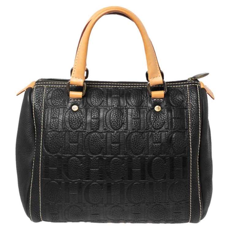 Pre Owned CH Carolina Herrera Black Embossed Leather Andy Boston Bag