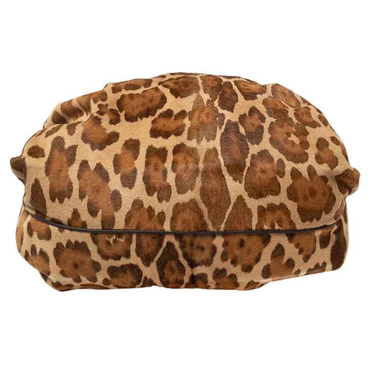 مملوكة مسبقًا CH Carolina Herrera Brown/Beige Leopard Print Calfhair Pleated Logo Shoulder Bag