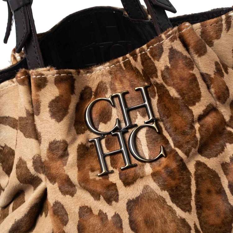 مملوكة مسبقًا CH Carolina Herrera Brown/Beige Leopard Print Calfhair Pleated Logo Shoulder Bag