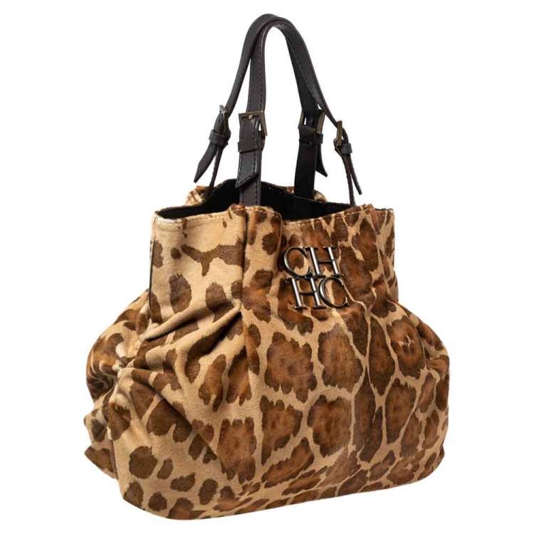 مملوكة مسبقًا CH Carolina Herrera Brown/Beige Leopard Print Calfhair Pleated Logo Shoulder Bag