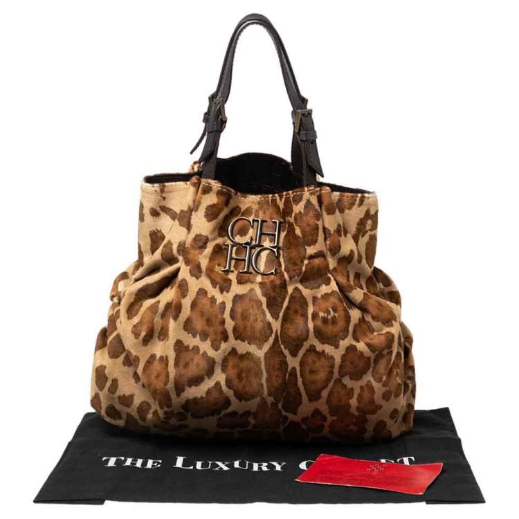 مملوكة مسبقًا CH Carolina Herrera Brown/Beige Leopard Print Calfhair Pleated Logo Shoulder Bag