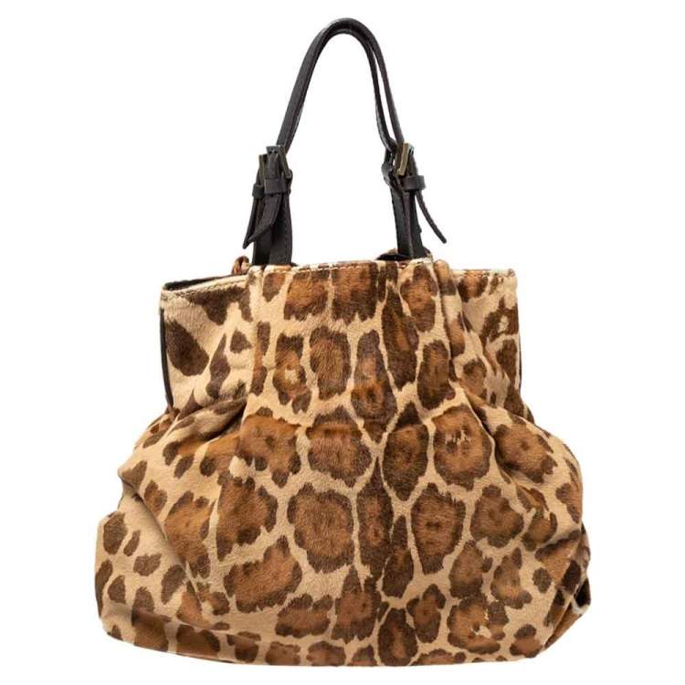 مملوكة مسبقًا CH Carolina Herrera Brown/Beige Leopard Print Calfhair Pleated Logo Shoulder Bag