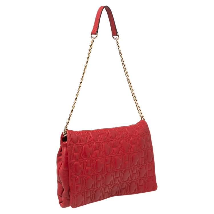 Pre Owned CH Carolina Herrera Red Monogram Leather Flap Chain Shoulder Bag 