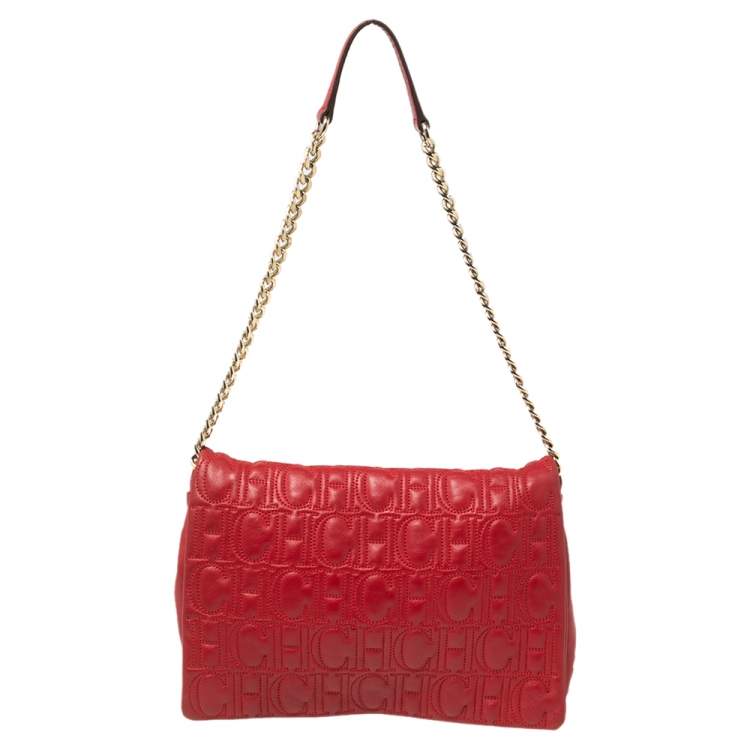 Pre Owned CH Carolina Herrera Red Monogram Leather Flap Chain Shoulder Bag 
