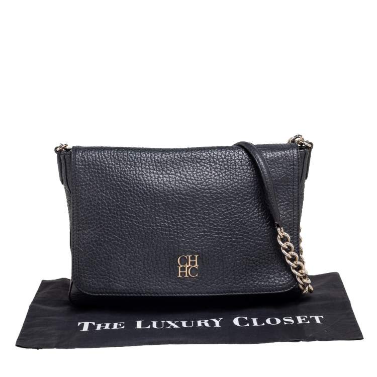 Pre Owned CH Carolina Herrera Black Leather Flap Chain Shoulder Bag