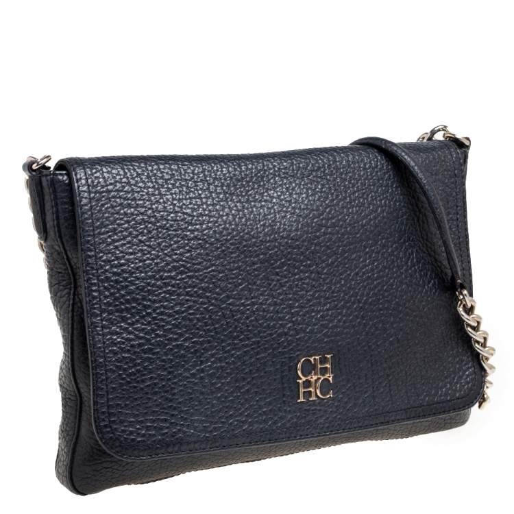 Pre Owned CH Carolina Herrera Black Leather Flap Chain Shoulder Bag