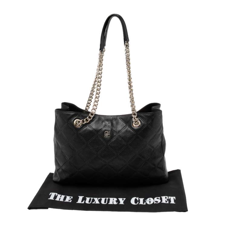 Pre Owned CH Carolina Herrera Black Quilt Pattern Leather Chain Shopper Tote