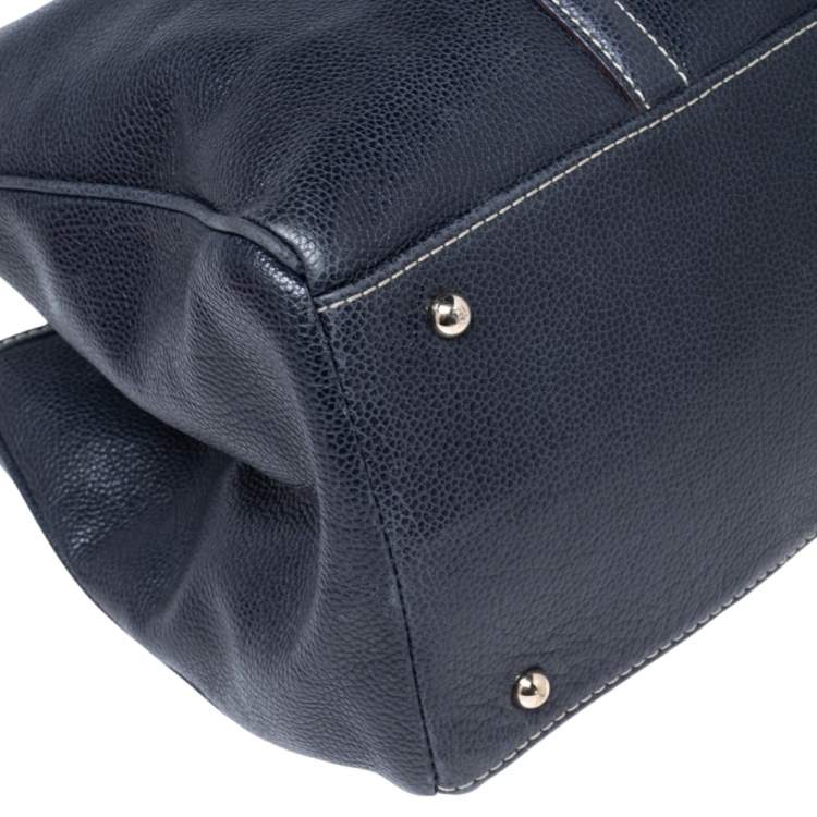 Pre Owned CH Carolina Herrera Navy Blue Grained Leather Matteo Tote